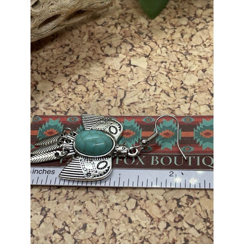 SILVER THUNDERBIRD T-BIRD EARRINGS SOUTHWEST WESTERN AZTEC BIRD Feather Long - Picture 6 of 7